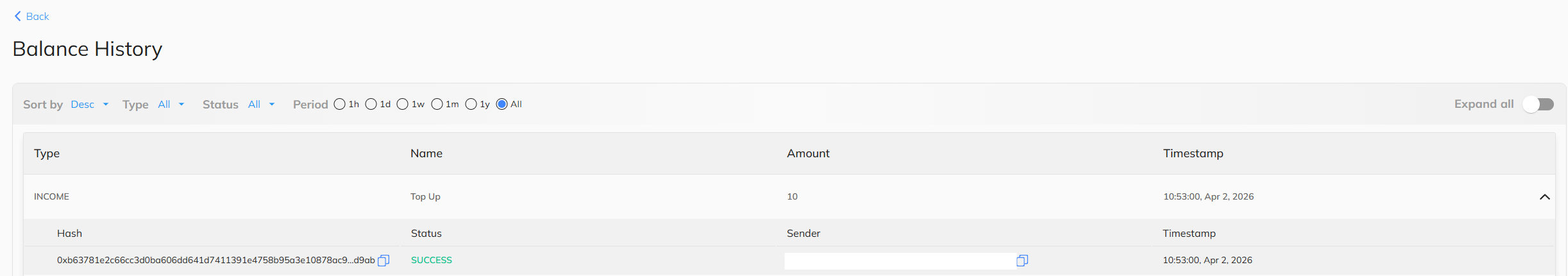 Balance History page showing a Top Up transaction with expanded details including transaction hash, status, and sender