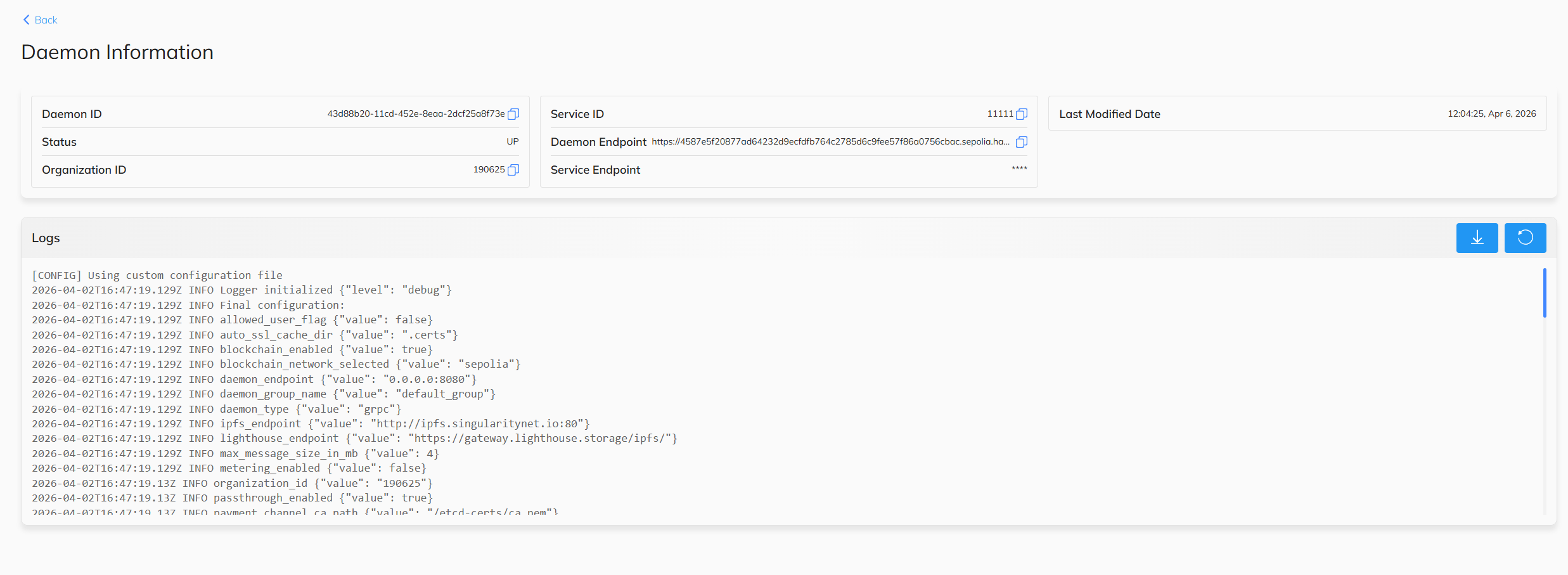 Daemon Information page showing daemon configuration details and live logs