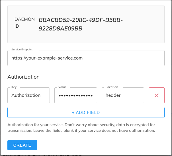 Daemon edit modal showing Service Endpoint and Authorization fields with Create button