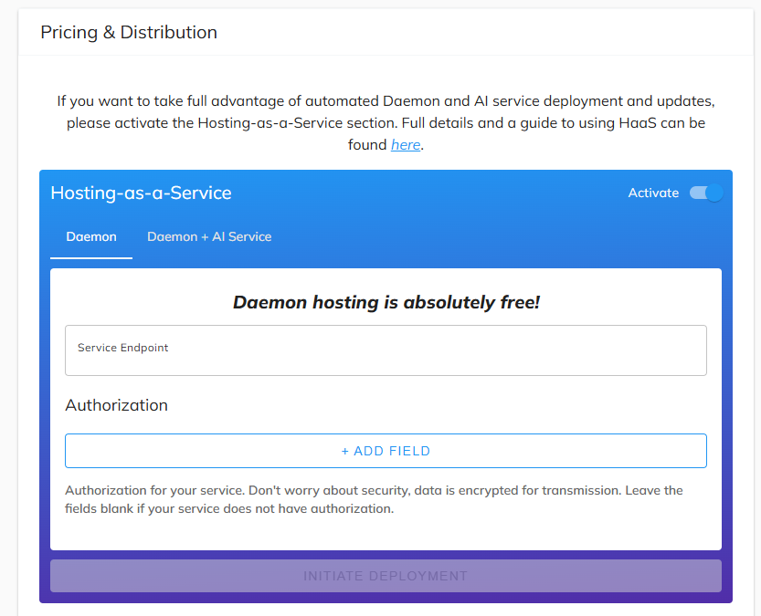 Daemon tab showing Service Endpoint and Authorization fields with the note that daemon hosting is free