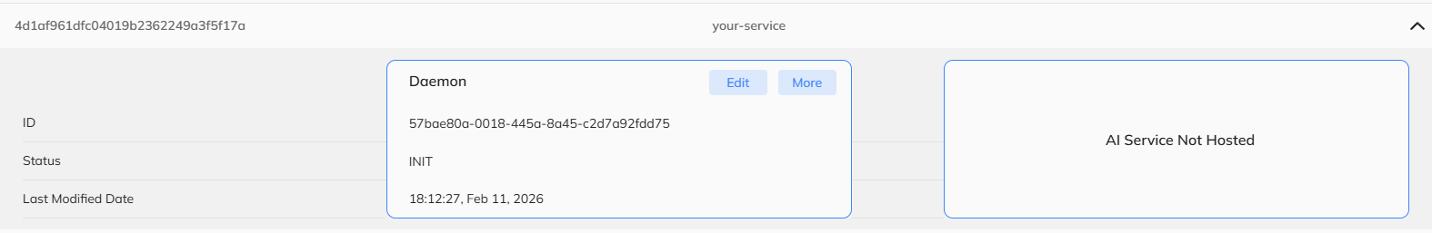 Expanded deployment row showing Daemon card with Edit and More buttons, and AI Service Not Hosted placeholder