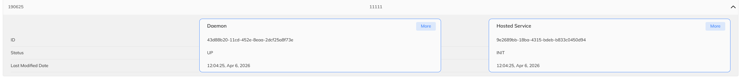 Expanded deployment row showing Daemon card with status UP and Hosted Service card with status INIT