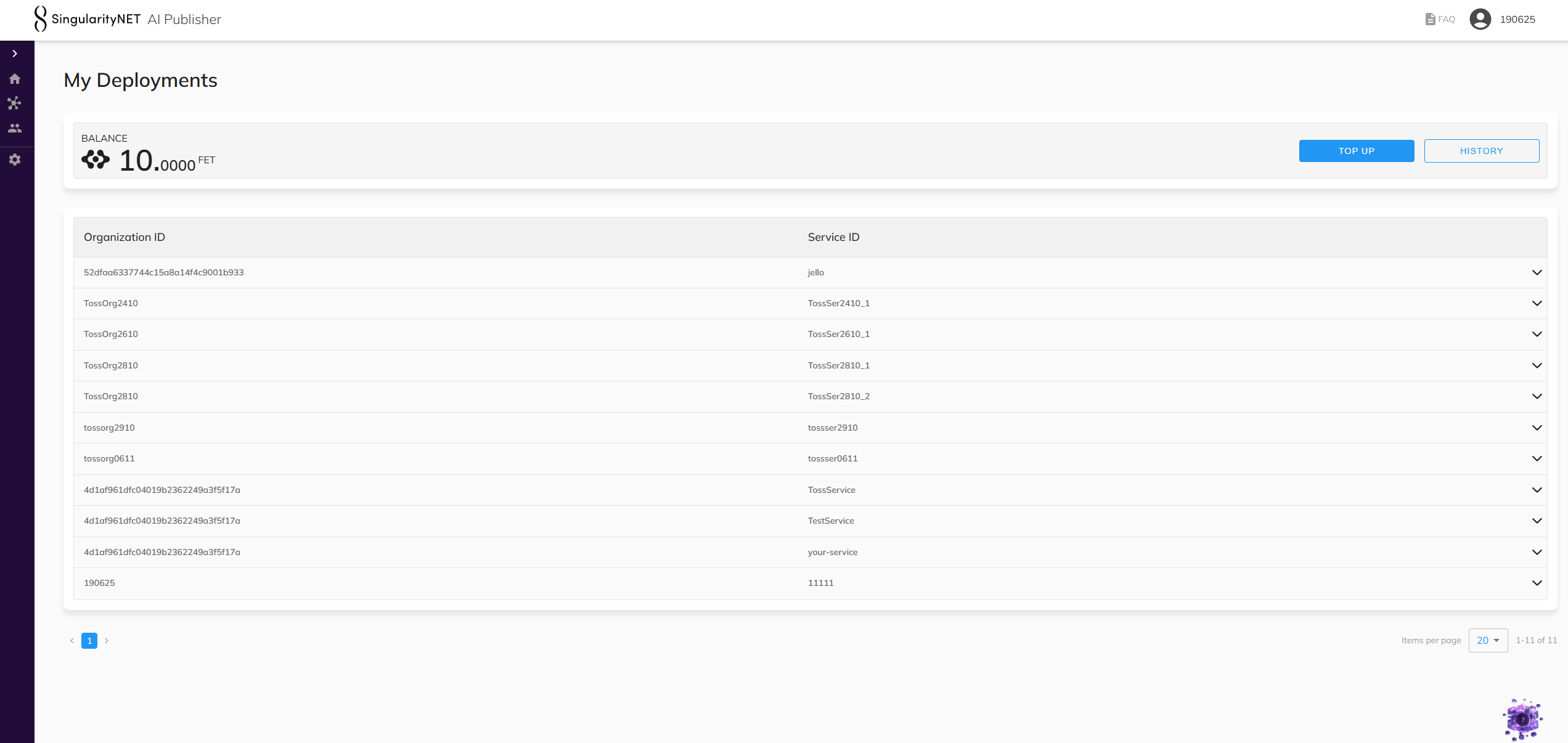 My Deployments page showing account balance, Top Up and History buttons, and a table of deployments