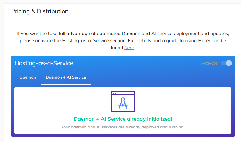Pricing & Distribution page showing Daemon + AI Service tab with the message that both daemon and AI services are deployed and running
