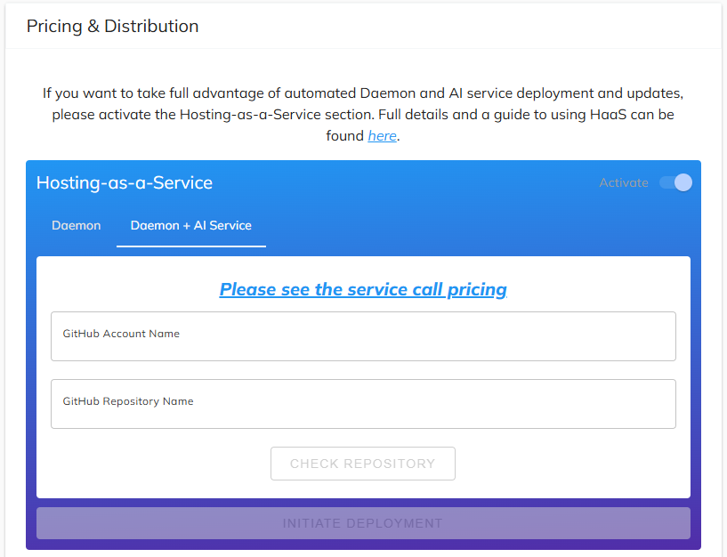 Daemon + AI Service tab showing GitHub Account Name, GitHub Repository Name fields, Check Repository and Initiate Deployment buttons